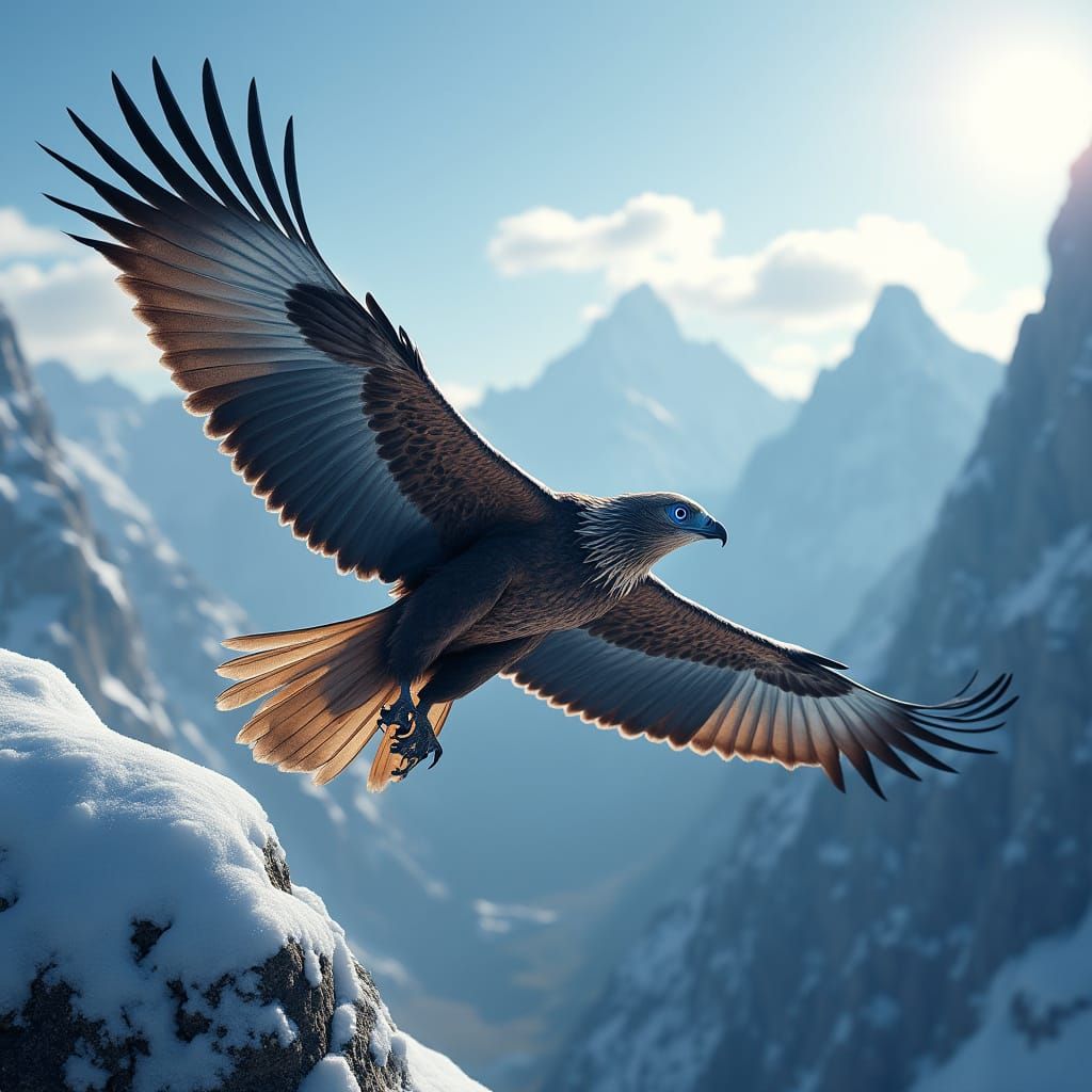 Metallic Eagle Soars Over Snowy Swiss Alps in Film Noir Styl...