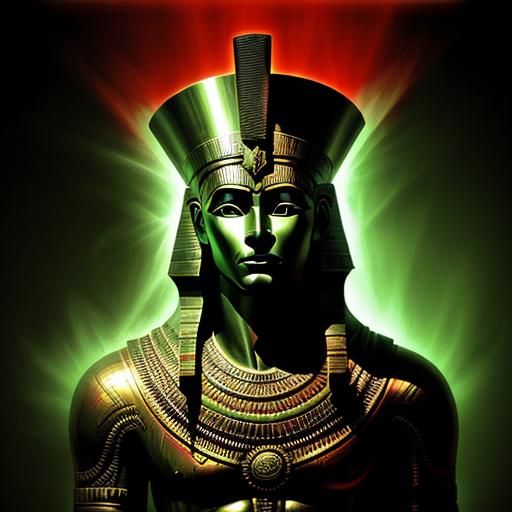 stunning Celtic pharaoh. Chiaroscuro. Red mood, green mist