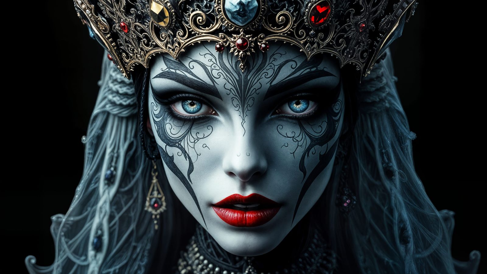 Gothic Queen's Crown with Abyssal Eyes and Fractal Tattoos