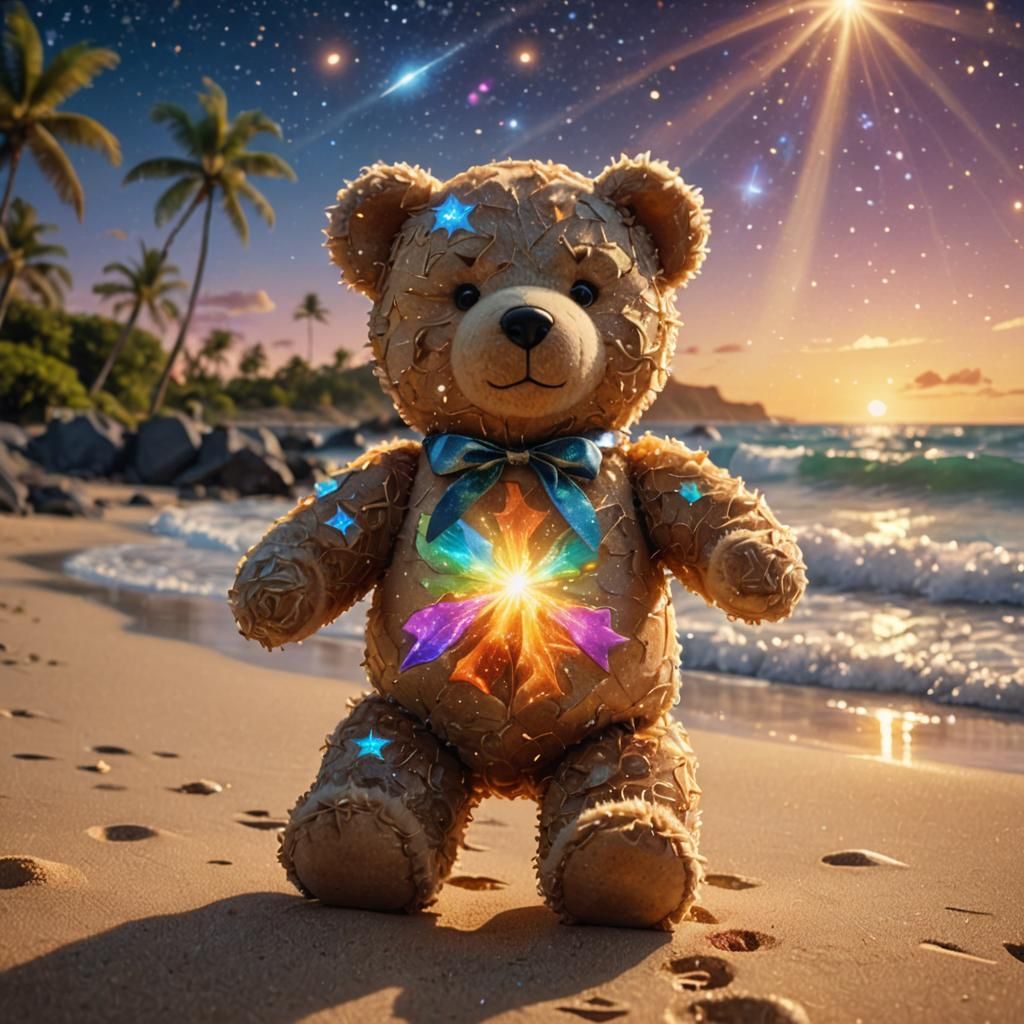 Cosmic Teddy Bear Dances on Hawaiian Beach