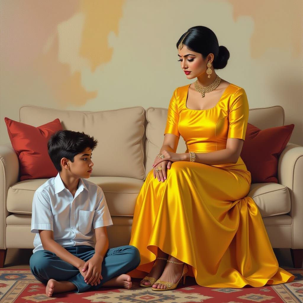 Indian Woman Admonishing Boy on Sofa, Hyperrealistic Digital...