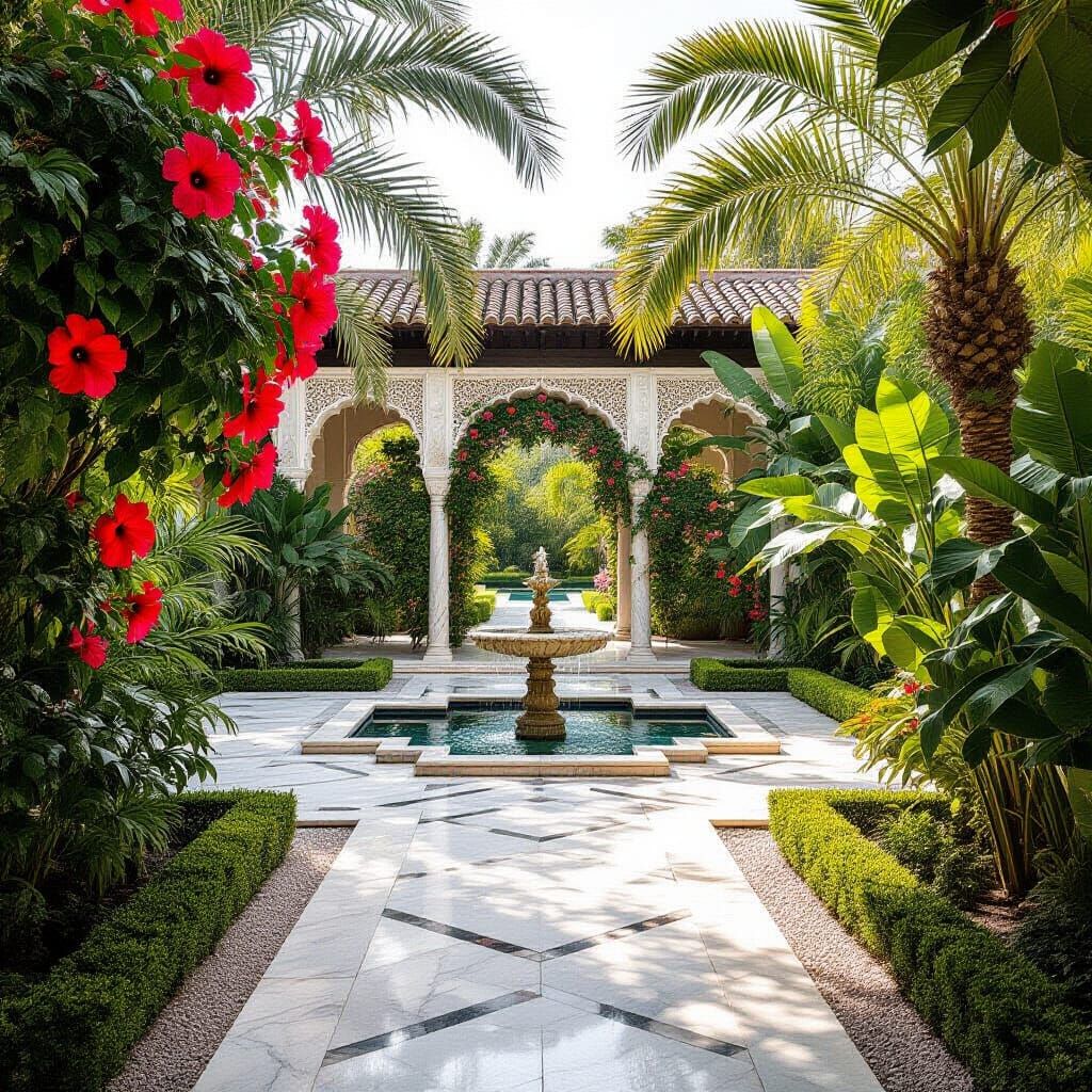 Lush Persian Garden Oasis with Tropical Flora