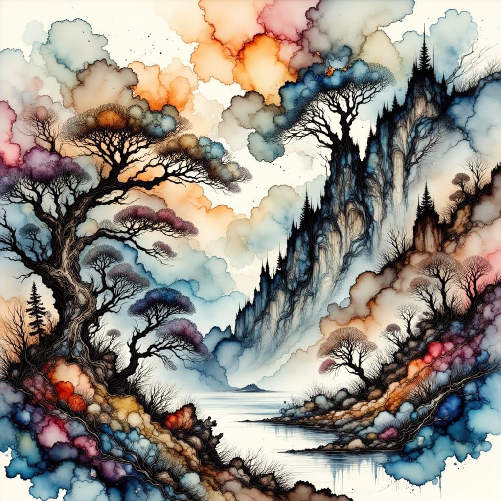 Dramatic Ink Landscape with Majestic Trees and Animals
