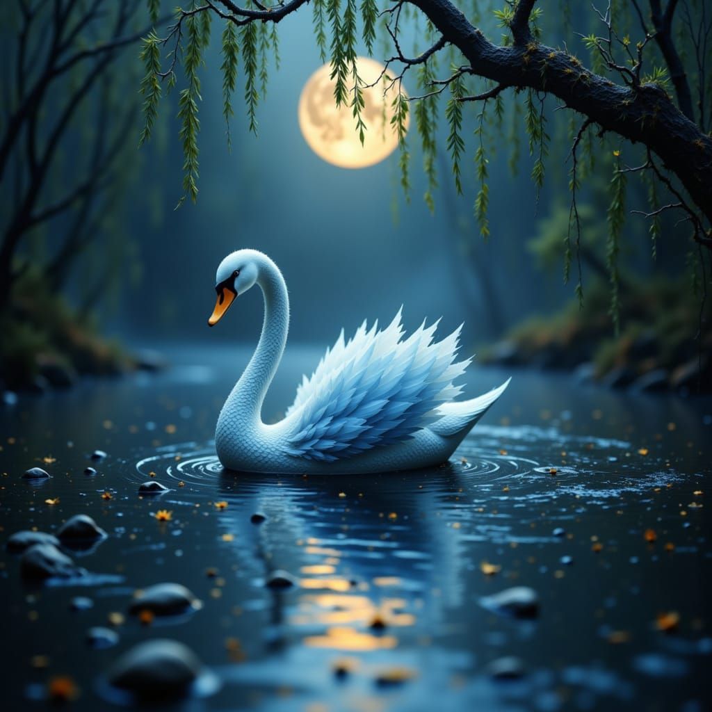 Swan on Moonlit River in Willow Shadow
