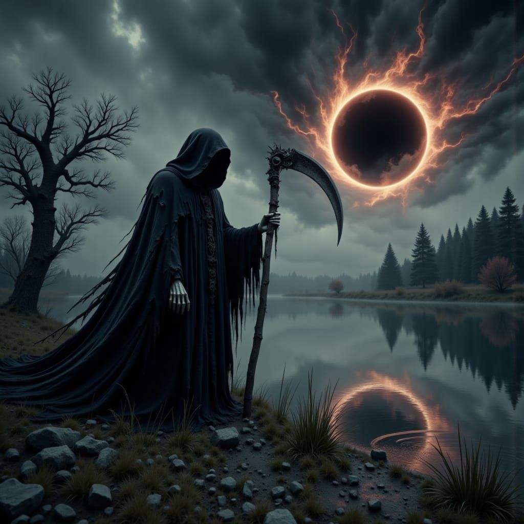 Grim Reaper Contemplates Solar Eclipse by Serene Pond