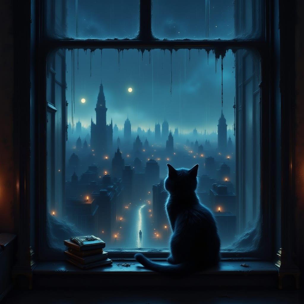 Cat Gazes at Twilight Cityscape Through Rainy Window