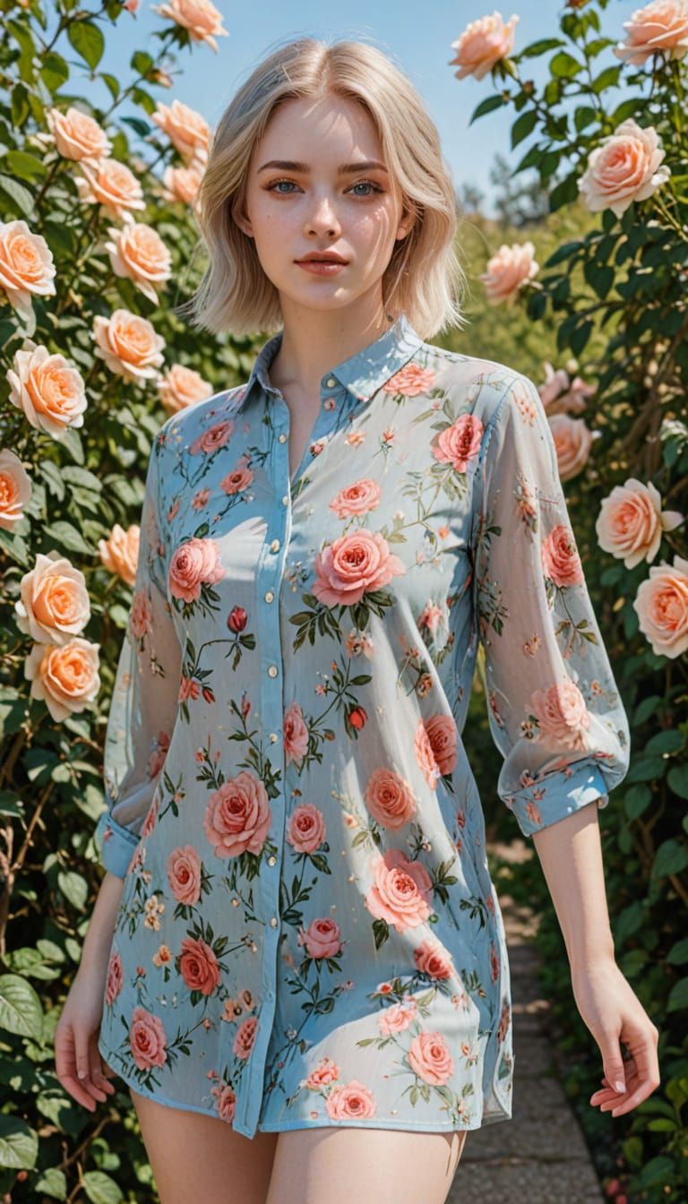 Summer Girl with Shaved Hair in Rose Garden