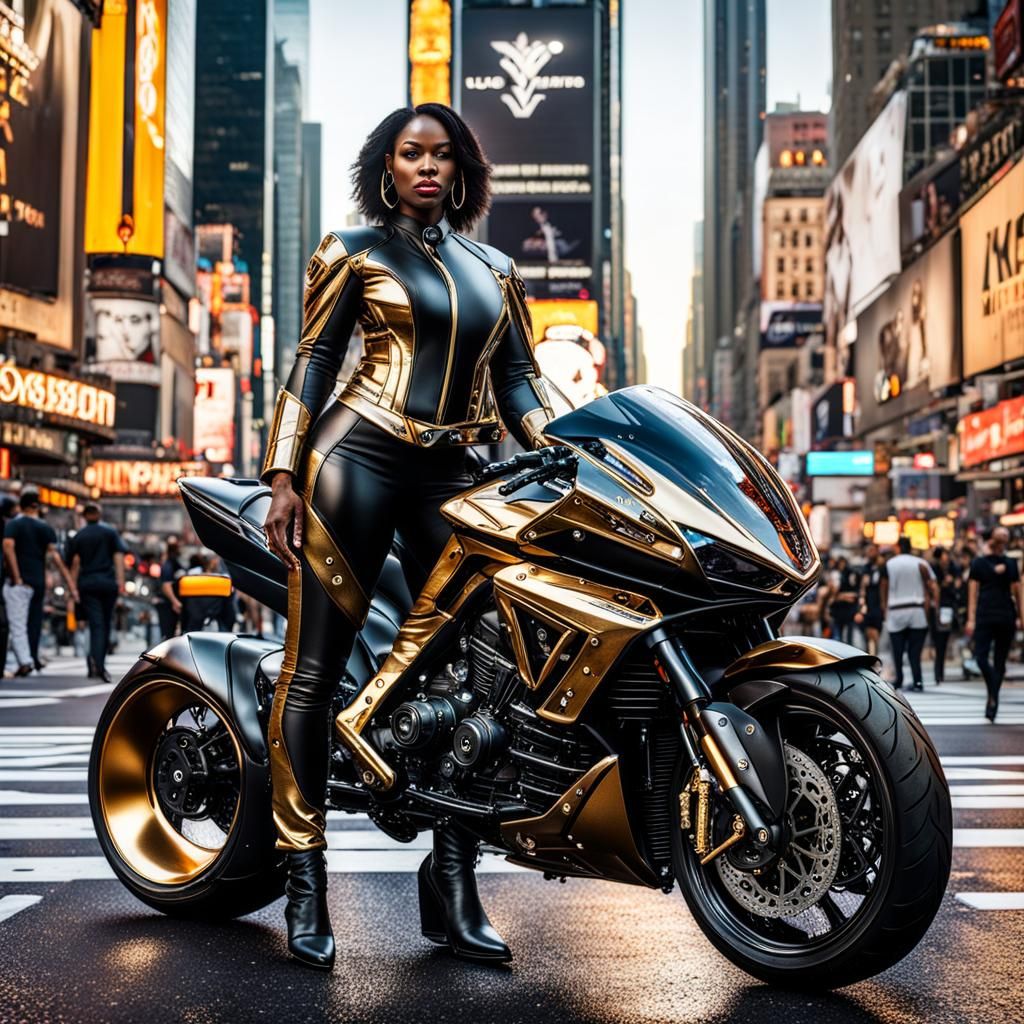 Woman Models with Motorcycle in Times Square Art