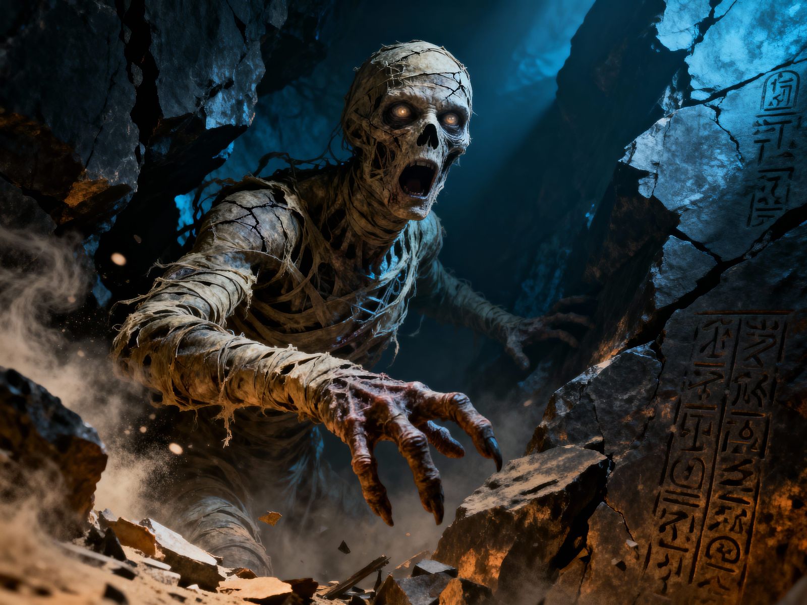 Ancient Mummy Erupts from Rocks in Horror Scene