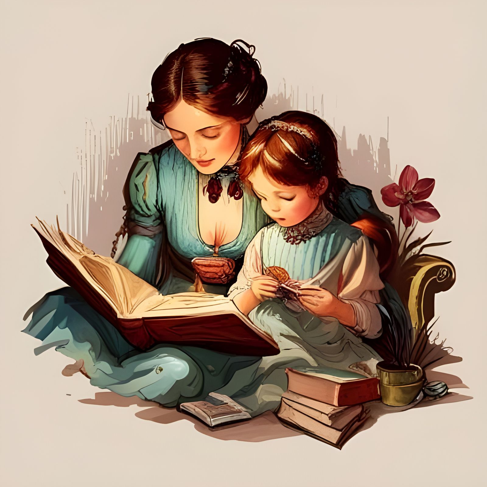 Victorian Mother Reading to Daughter: Detailed 8K Art