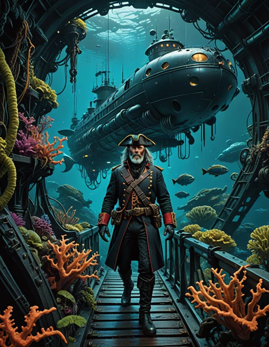 Cyberpunk Pirate Captain Navigates Alien Ocean