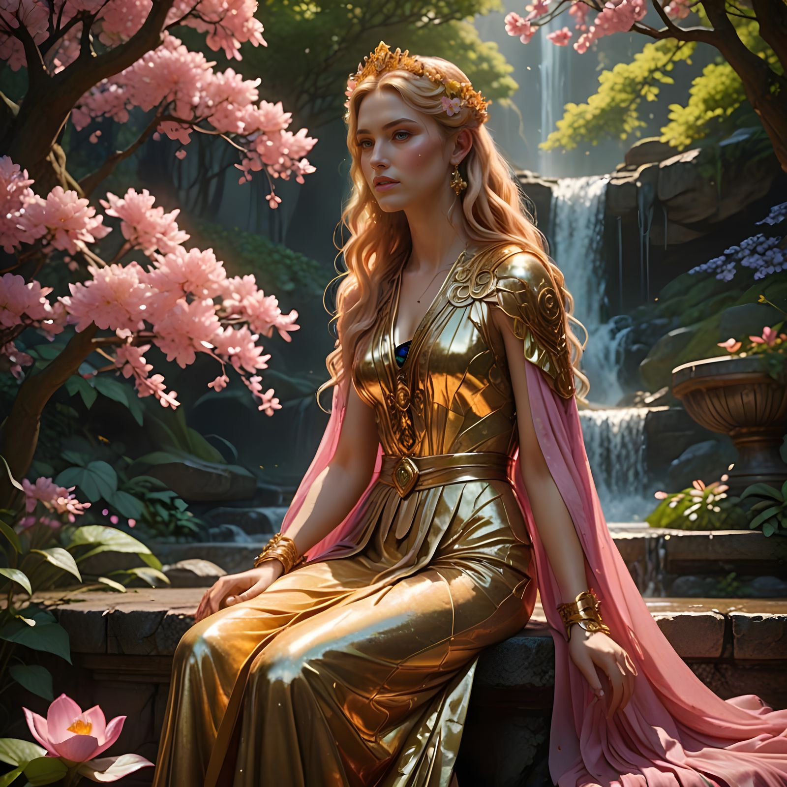 Greek Goddess in Golden Attire Against Vibrant Floral Backdr...