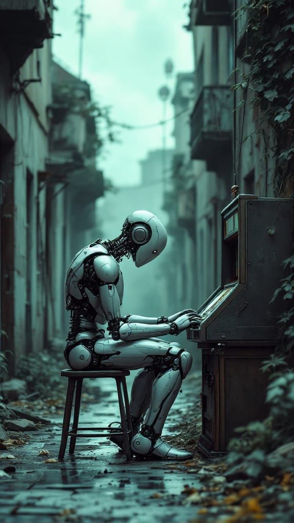 Melancholic Robot in Post-Apocalyptic Ruins