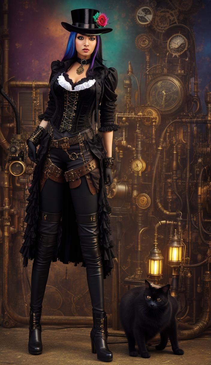 A black Cat in Steampunk, colorful background, HDR, 4k, Steampunk steampunk engine, full body, looking away from camera