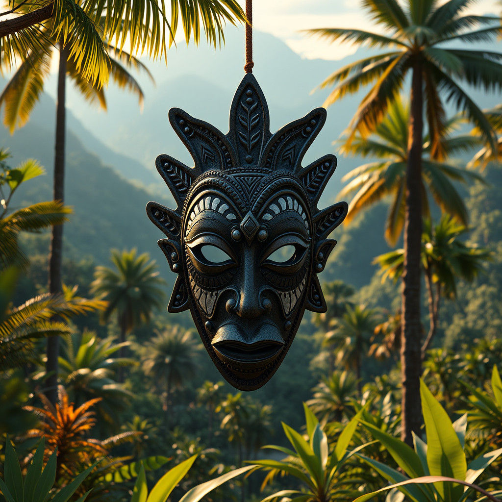 African Mask in Rainforest: 3D Anime-Inspired Art