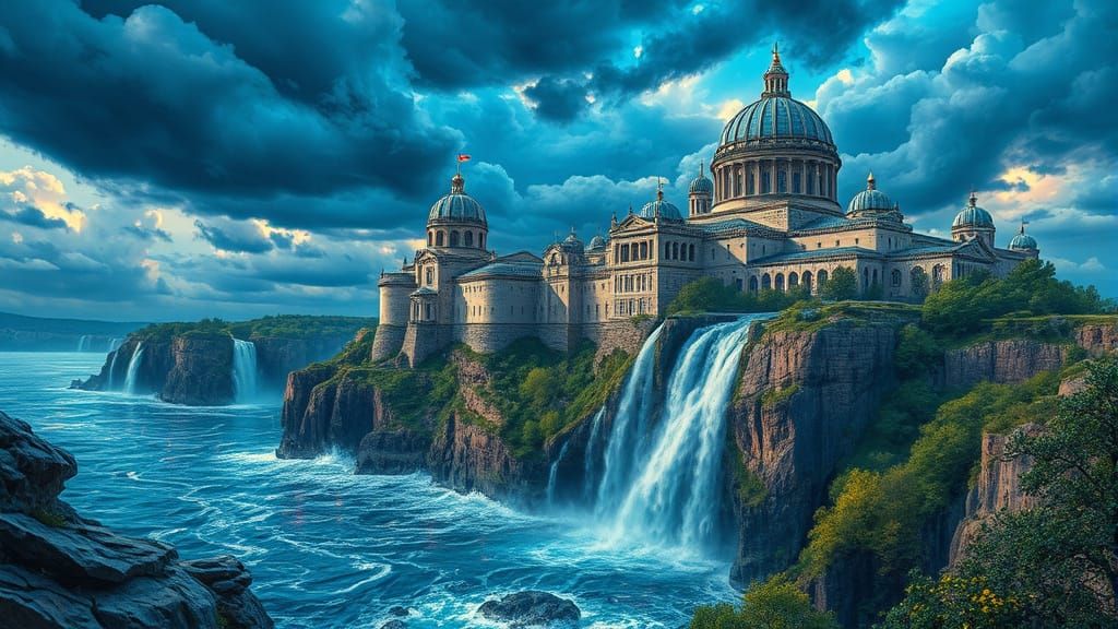 Majestic Cliff City with Blue Domes