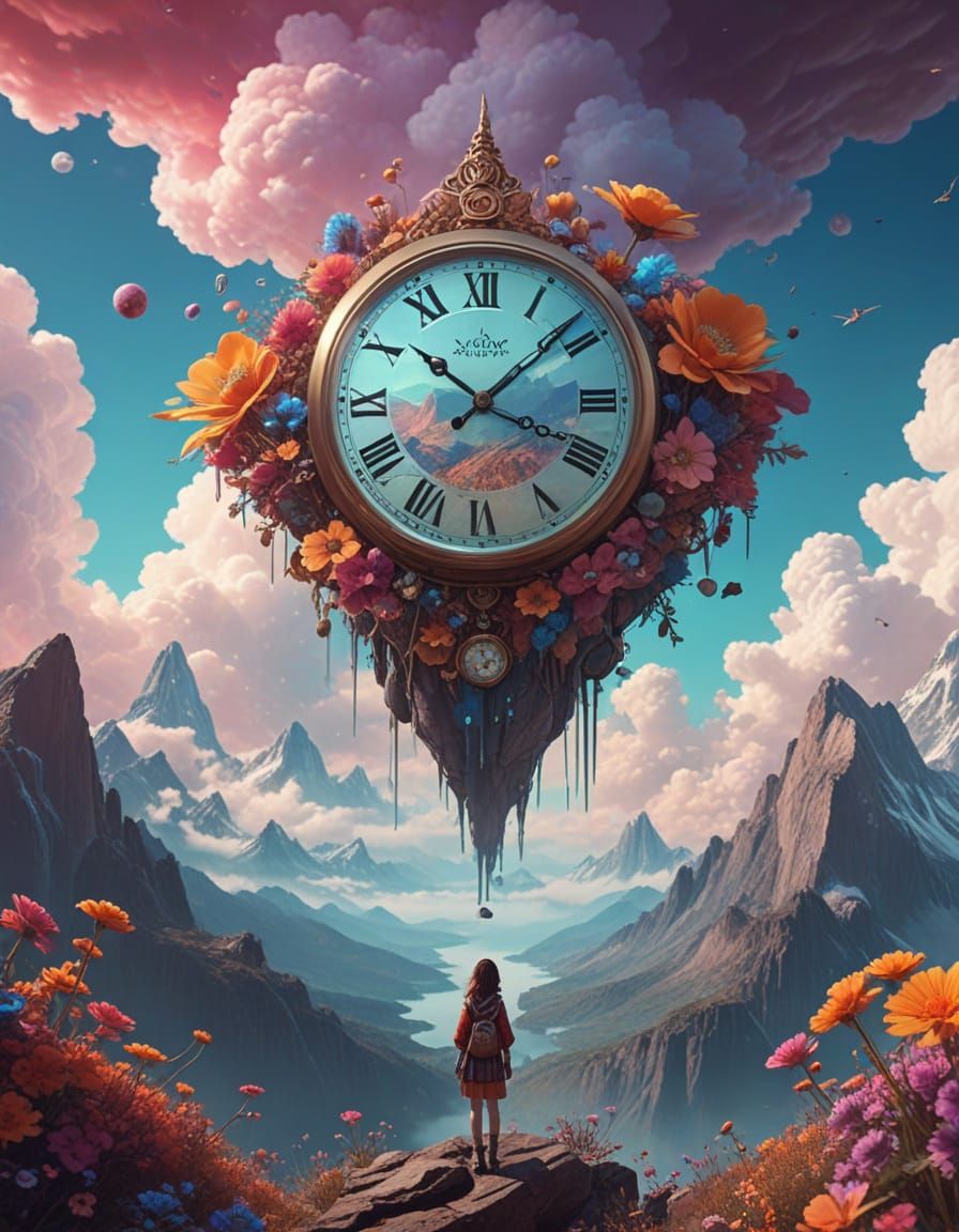 Dreamlike Clockwork Surrealism in Vibrant 3D Anime Style