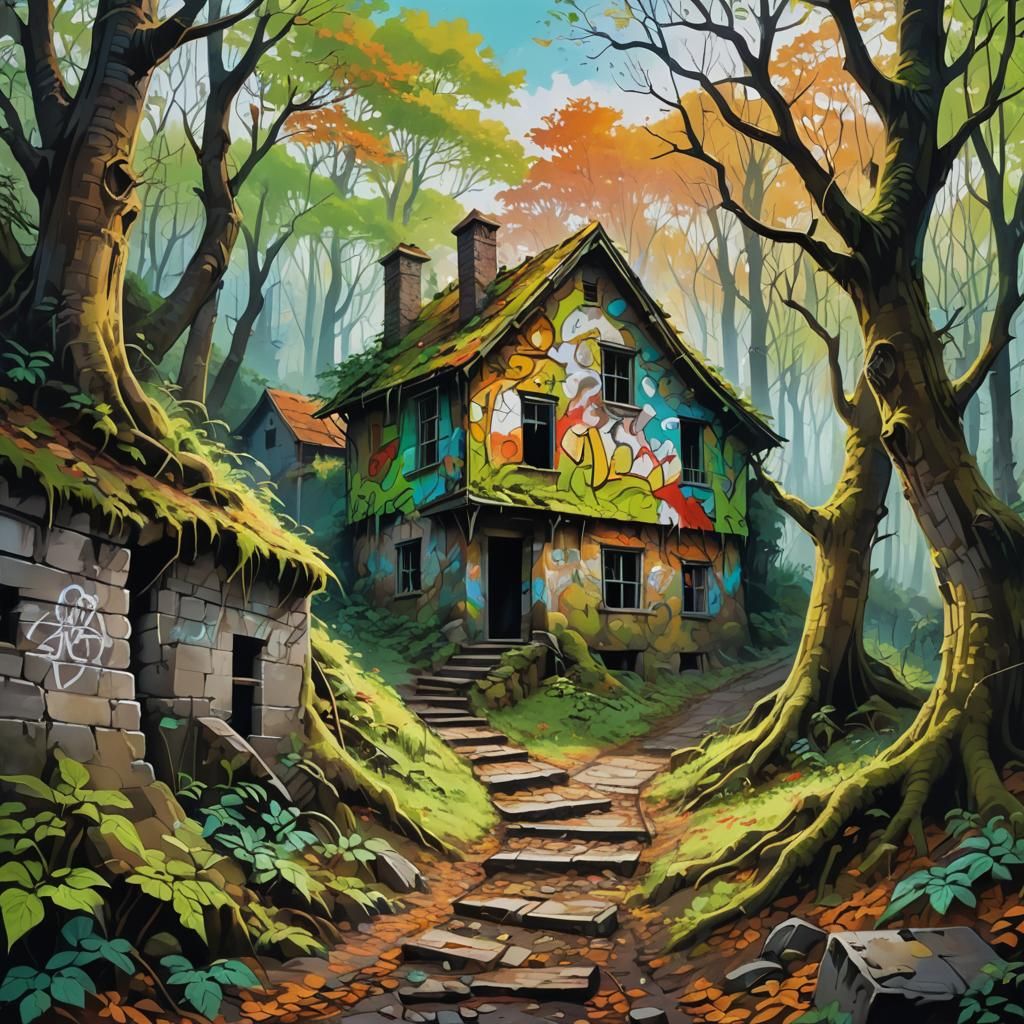 Vibrant Graffiti Art in Dense Beech Forest