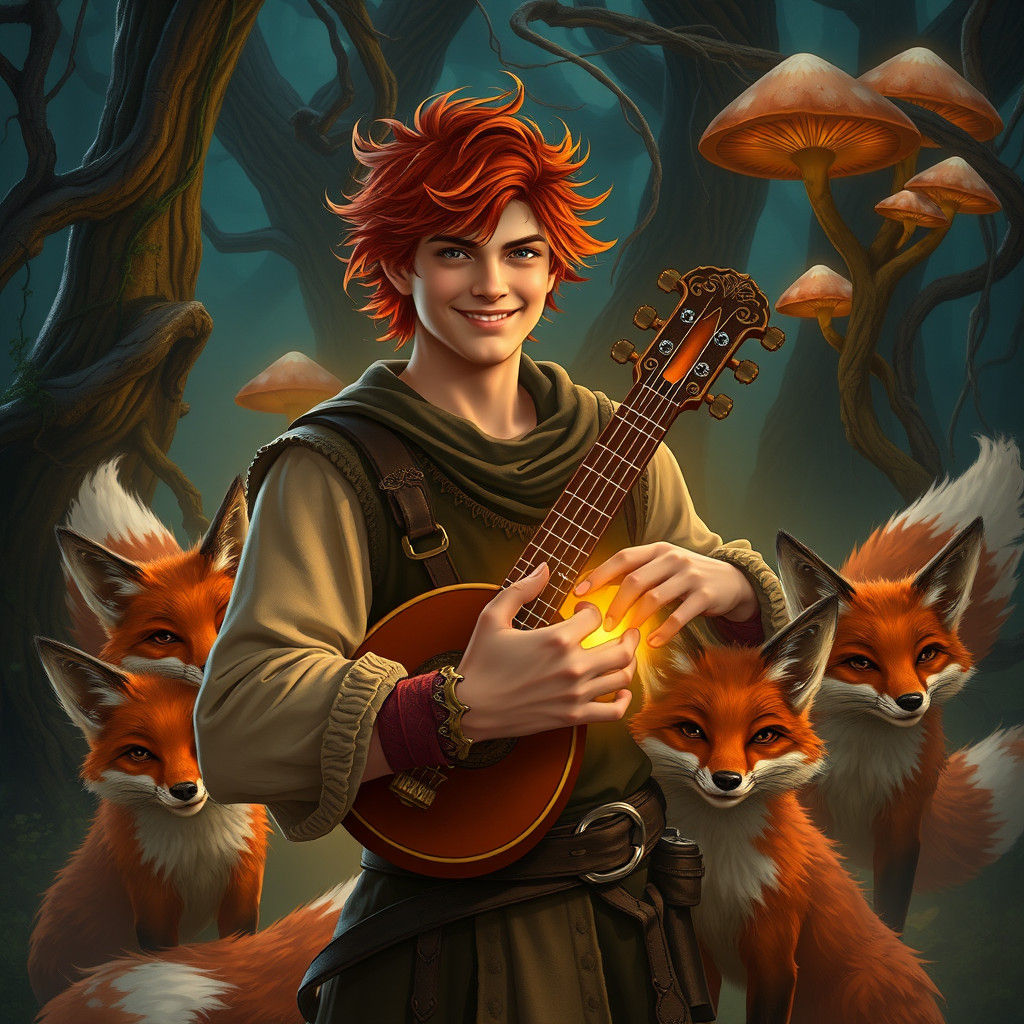 Mystical Bard with Glowing Lute in Primeval Forest