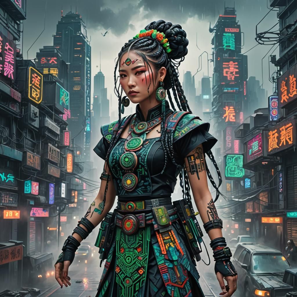 Cyberpunk Aztec Fusion: A Vibrant Anime Portrait