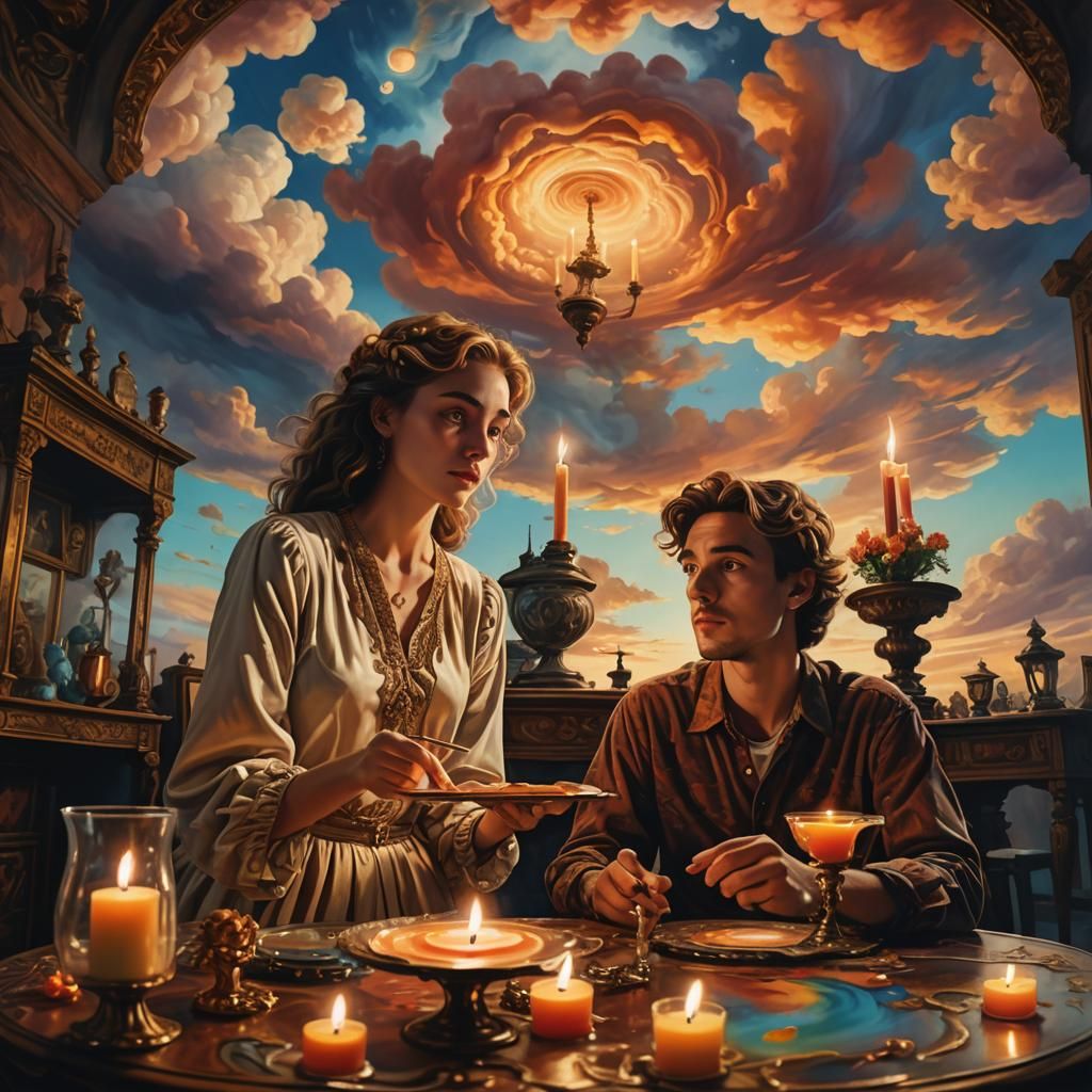 Surreal Encounter: A Repeating Story Unfolds as Oil Painting