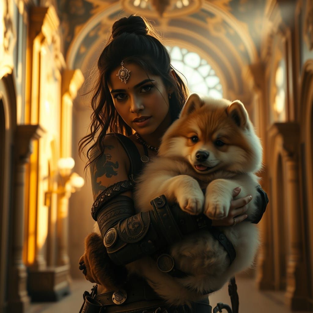 Warrior Woman with Puppy in Cinematic Lighting