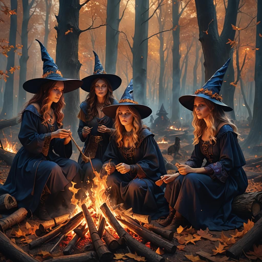 Witches Gather 'Round Samhain Fire: Digital Concept Art