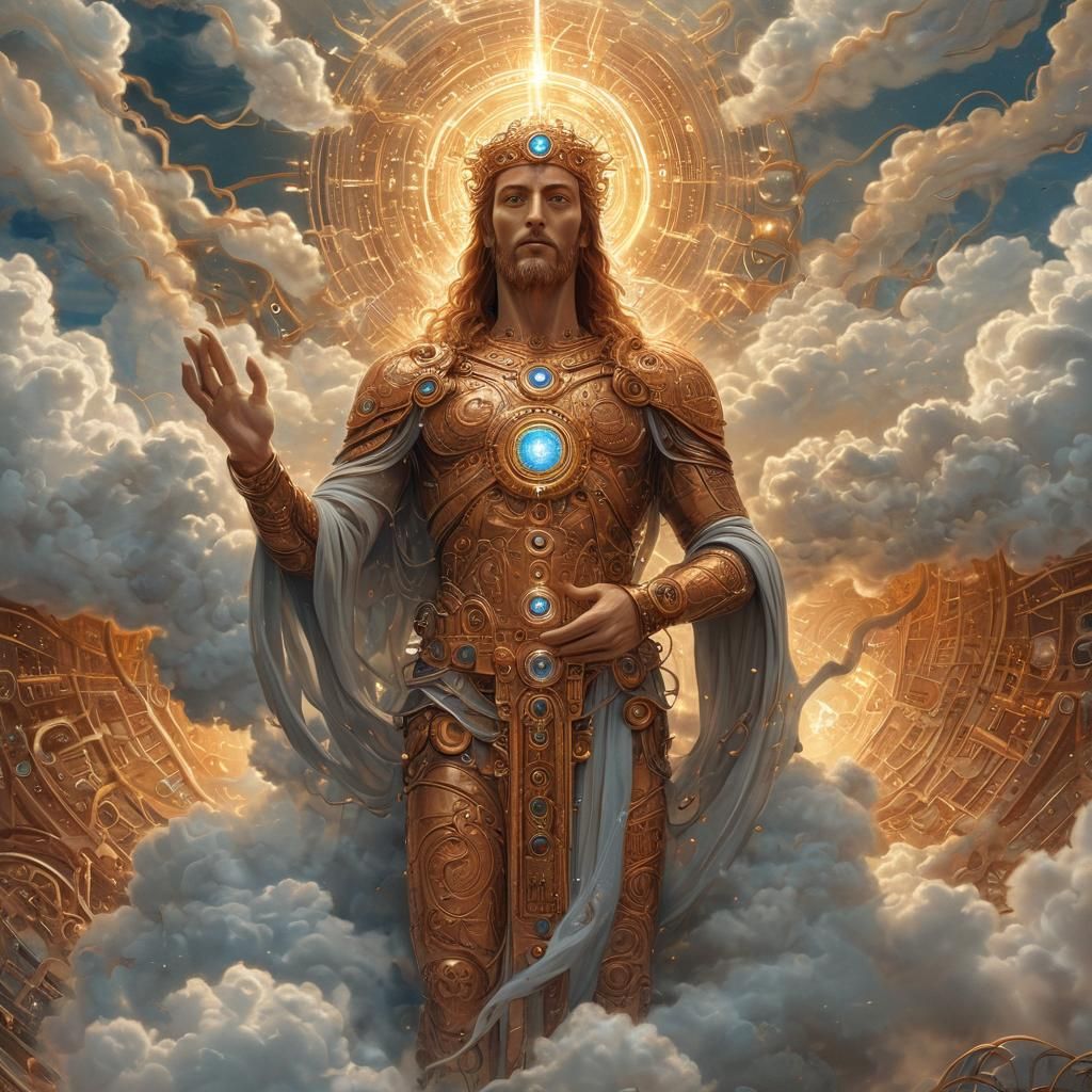 God Cradling Elaborate Circuit in Sci-Fi Illustration