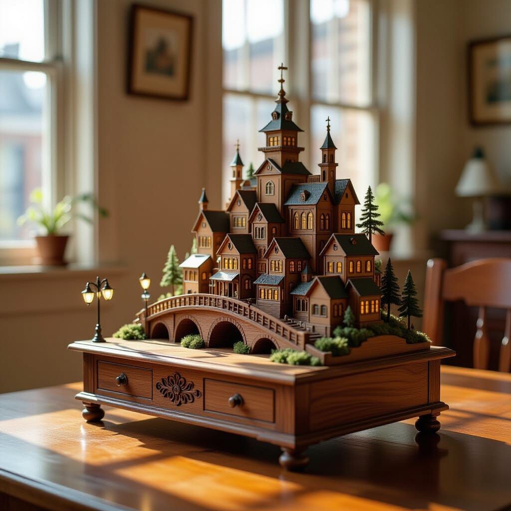 Miniature Wooden City Carved on Old Table