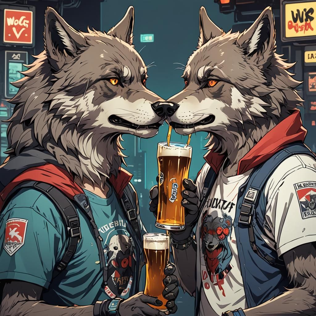Cyberpunk Wolf Couple Kissing: Anime-Style Cel-Shaded Art