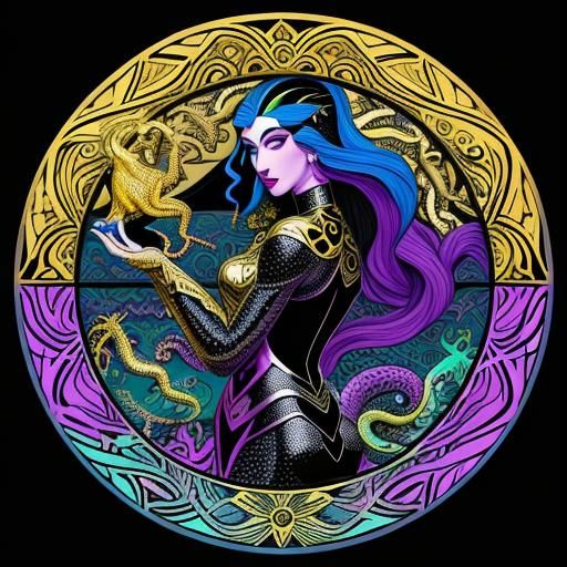 Metallic Woman with Dragons in Aubrey Beardsley Style