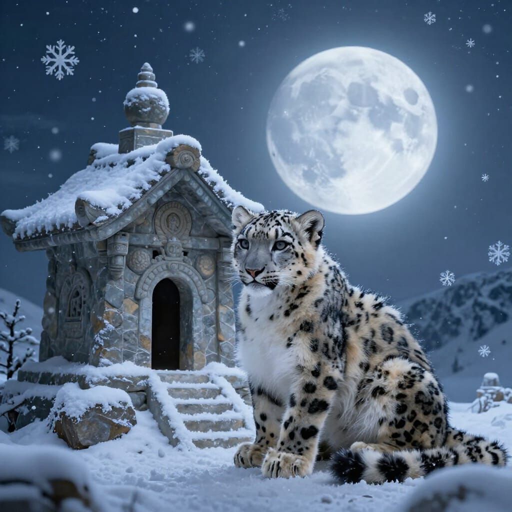 Snow Leopard Cub Guards Mountain Shrine Under Moonlight
