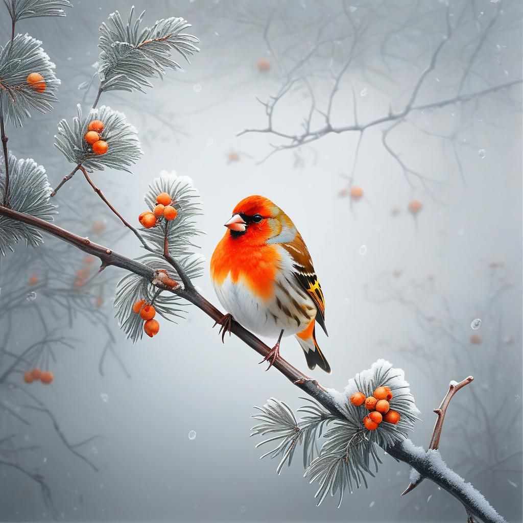 Orange Finch in Winter Mist Photograph