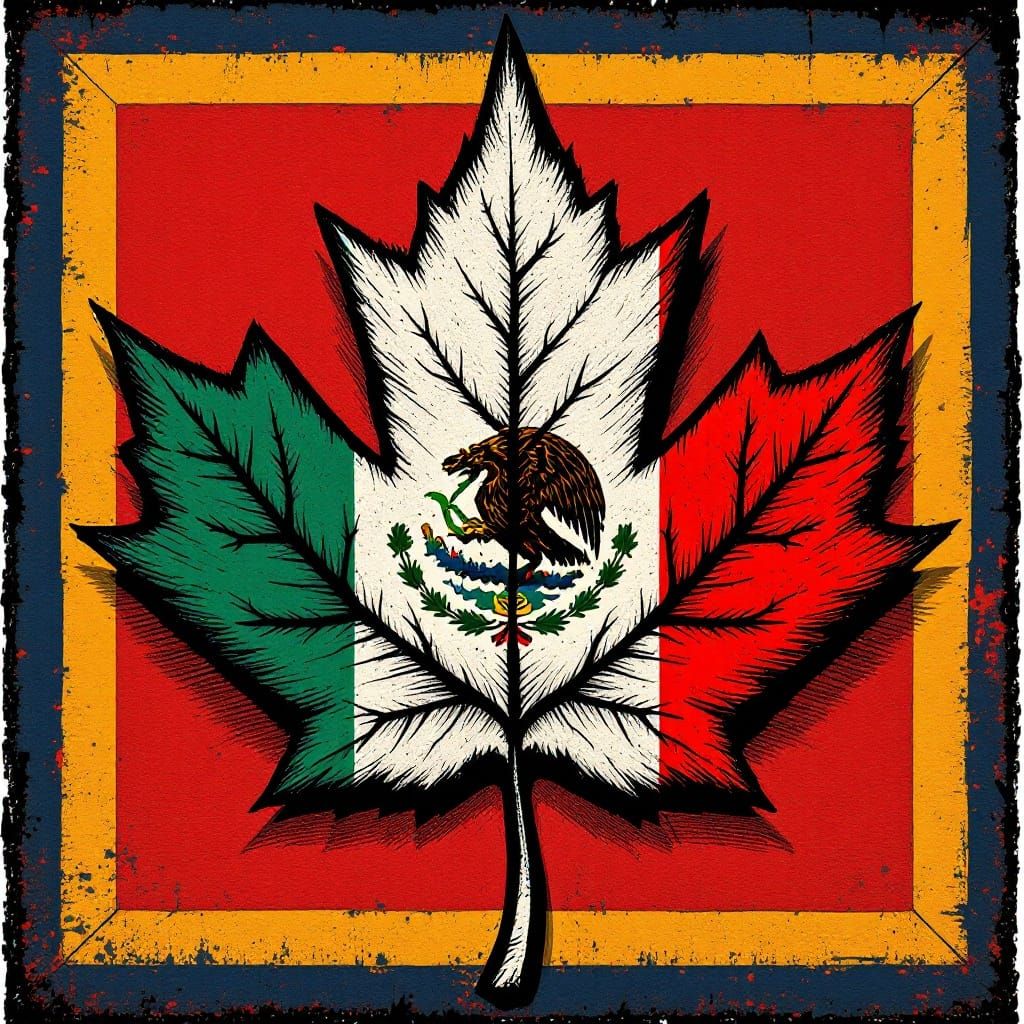 Vibrant Woodcut Maple Leaf in Mexican Colors
