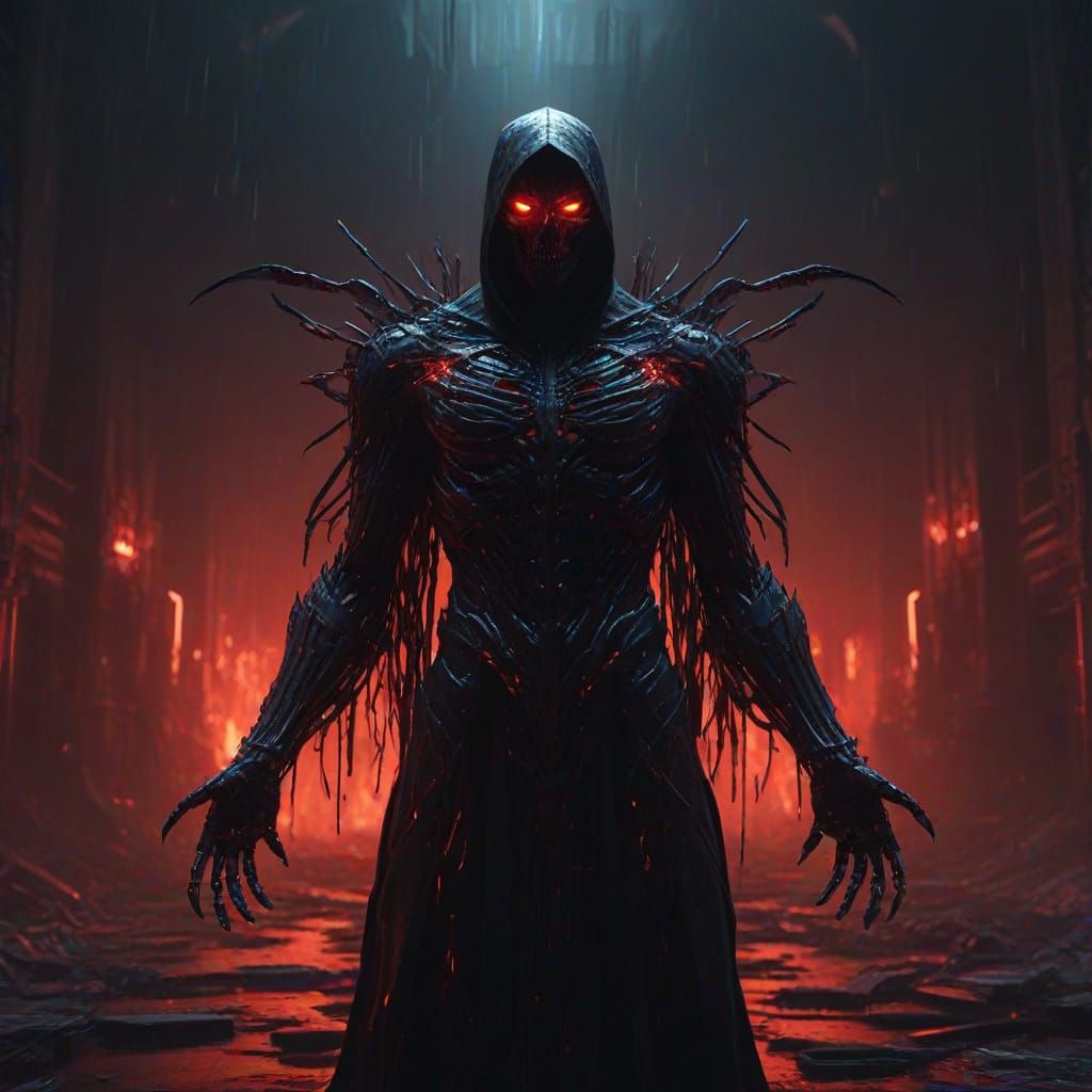 Dark Neo-Futuristic Underworld Architect with Crimson Glow