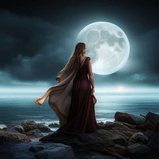 Moon Goddess Huntress in Moonlight: Digital Matte Painting