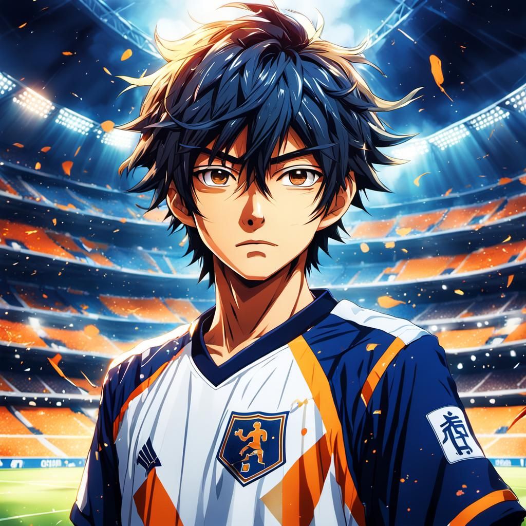 Intense Isagi Yoichi in Vibrant Soccer Stadium