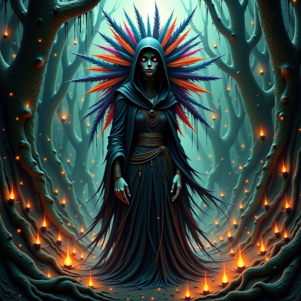 Mysterious Voodoo Woman in Misty Jungle, Digital Painting