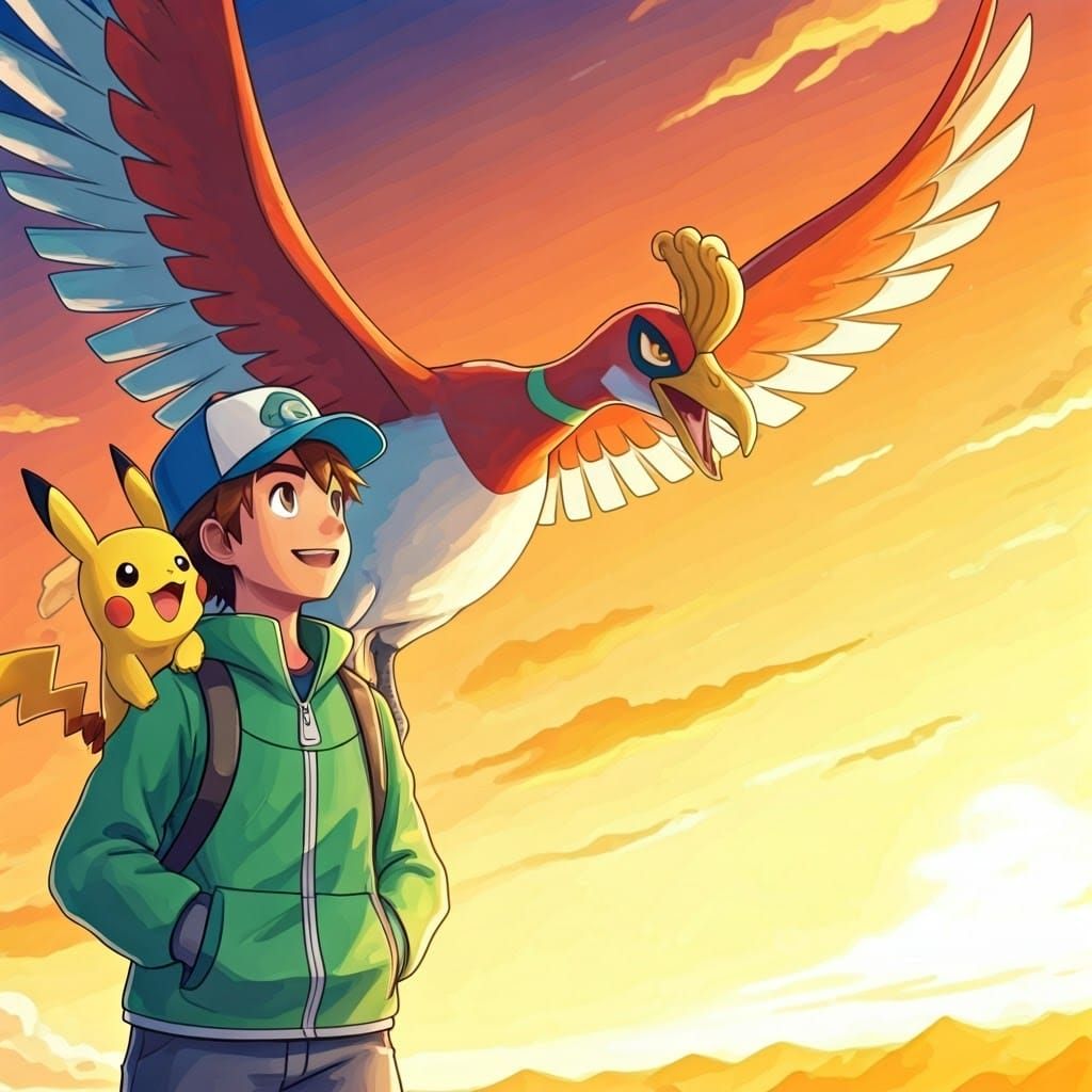 Boy and Pikachu Watch Ho-Oh Soar at Sunset