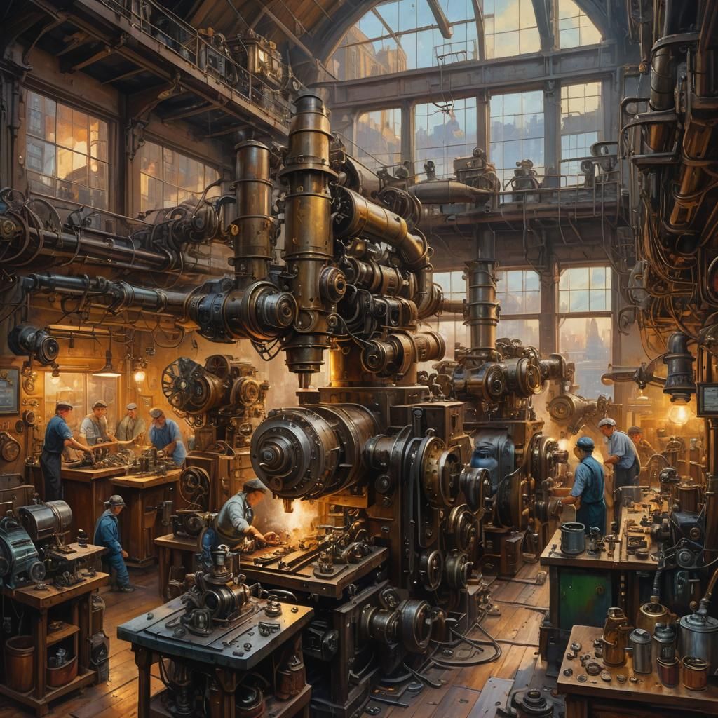 Robot Workers in Steampunk Workshop: Oil Painting