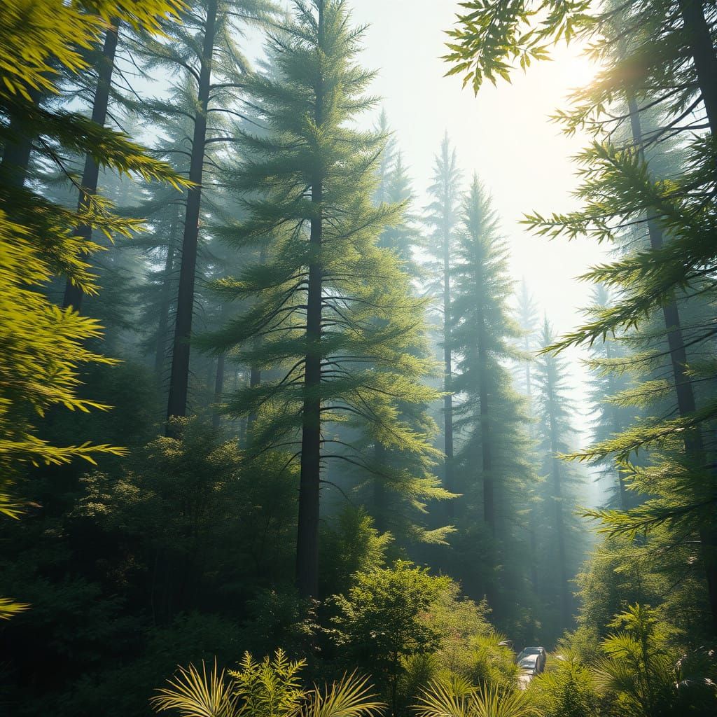 Vibrant Futuristic Forest Landscape with Swirling Leaves