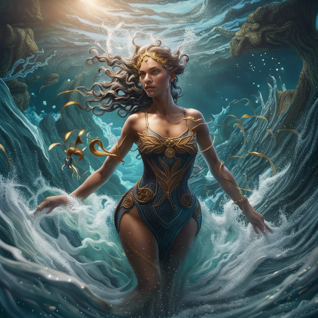 Goddess of water swimming through whirlpool