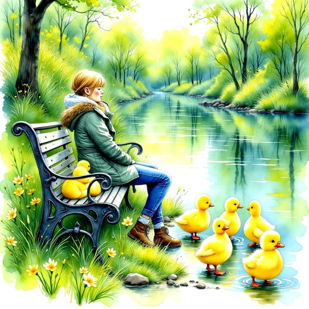 Girl with Ducklings: Ink and Watercolor Illustration