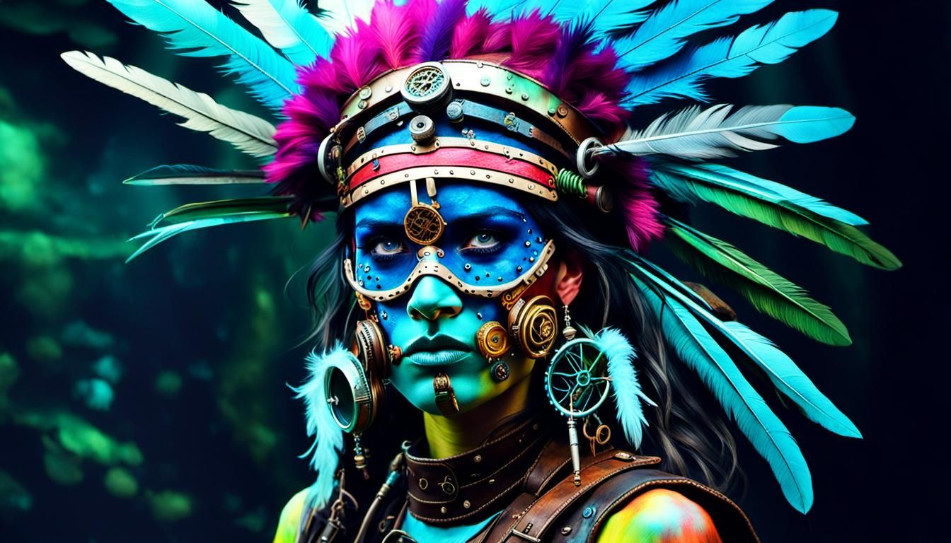 Steampunk Indigenous Warrior in Jungle with Neon Lighting