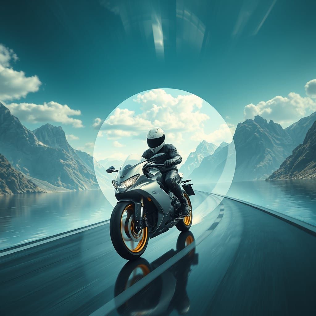 A futuristic scene depicts a sleek, silver motorcycle speeding through a transparent tunnel. A helmeted rider dressed in...