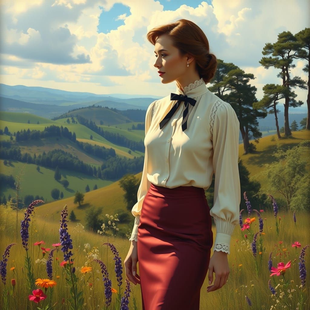Elegant Lady in a Sun-Dappled Landscape