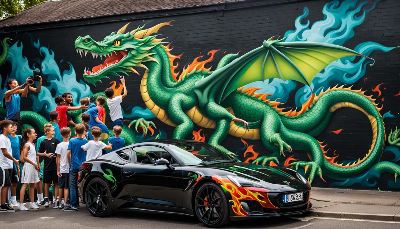 Graffiti dragon and Flaming sports car