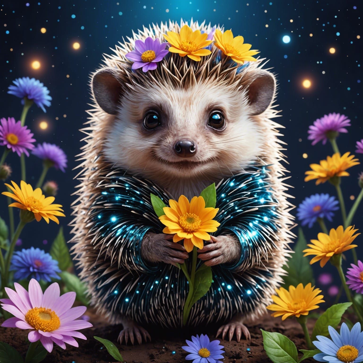 Baby Hedgehog with Flower in Mixed Media Style