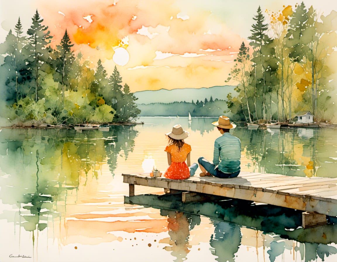 Boy and girl sitting on dock