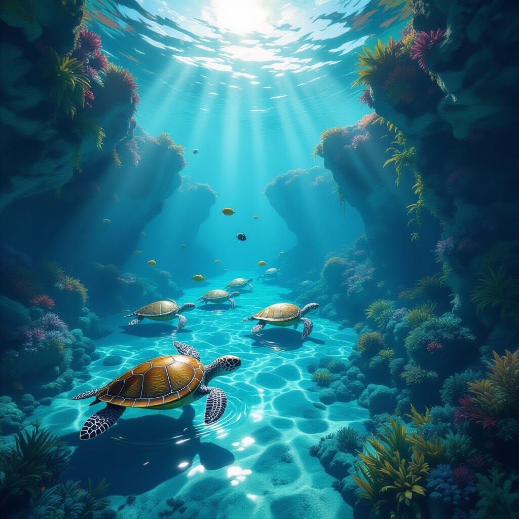 Sea Turtles Swimming Around Coral Reef in Unreal Engine Styl...